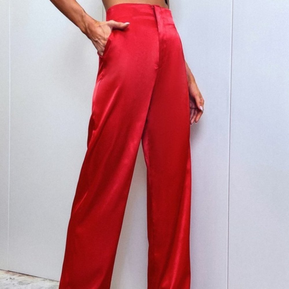 RED High Waist Satin Pants - Picture 4 of 8